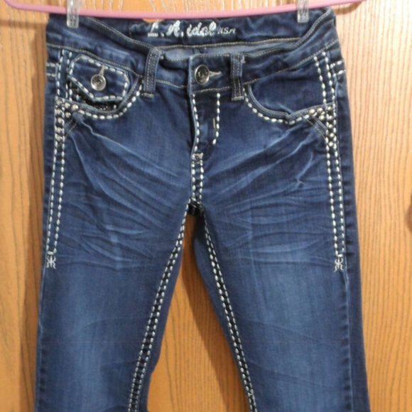 LA IDOL Jeans Sz 1 28x31 Flap pocket Bling Dark wash denim Designer Jr. pants - Picture 6 of 10